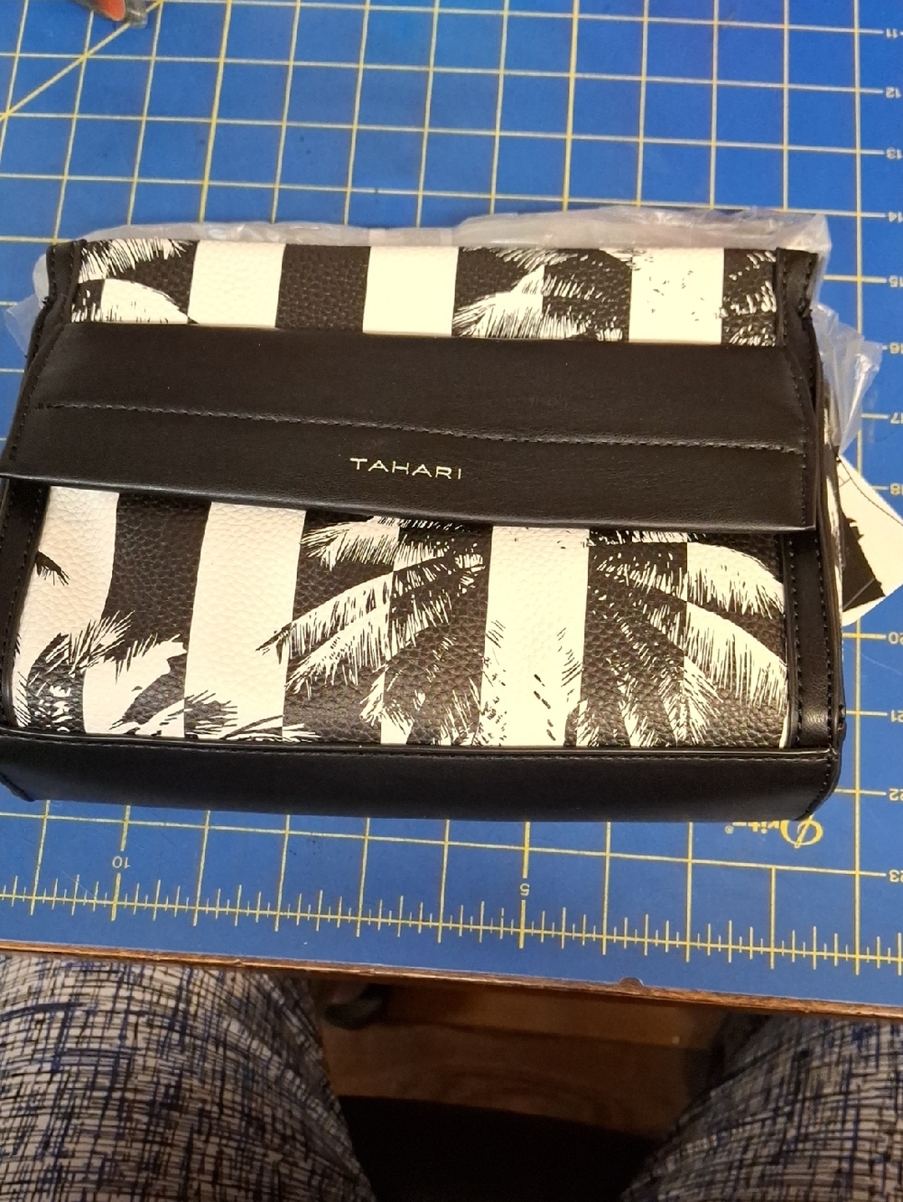 Tahari Charlie Black White Striped Palm Print Crossbody Bag 9x7x3 NWT